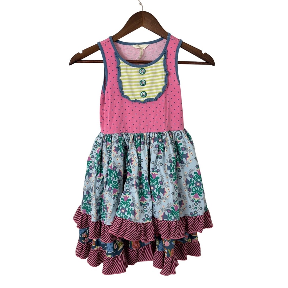 Matilda Jane Dress Girls Size 8 Pink Blue Floral Polka Dot Tiered Ruffle Bib